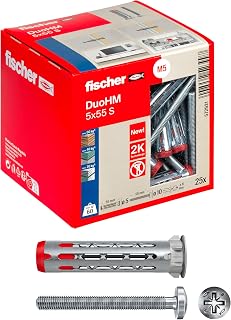 Fischer DuoHM 572921 Ø 10 mm with POZI Cross Screw M5 x 55 mm, 25 Wall Plugs for Plasterboard in Metal and Nylon without the Need for Pliers,