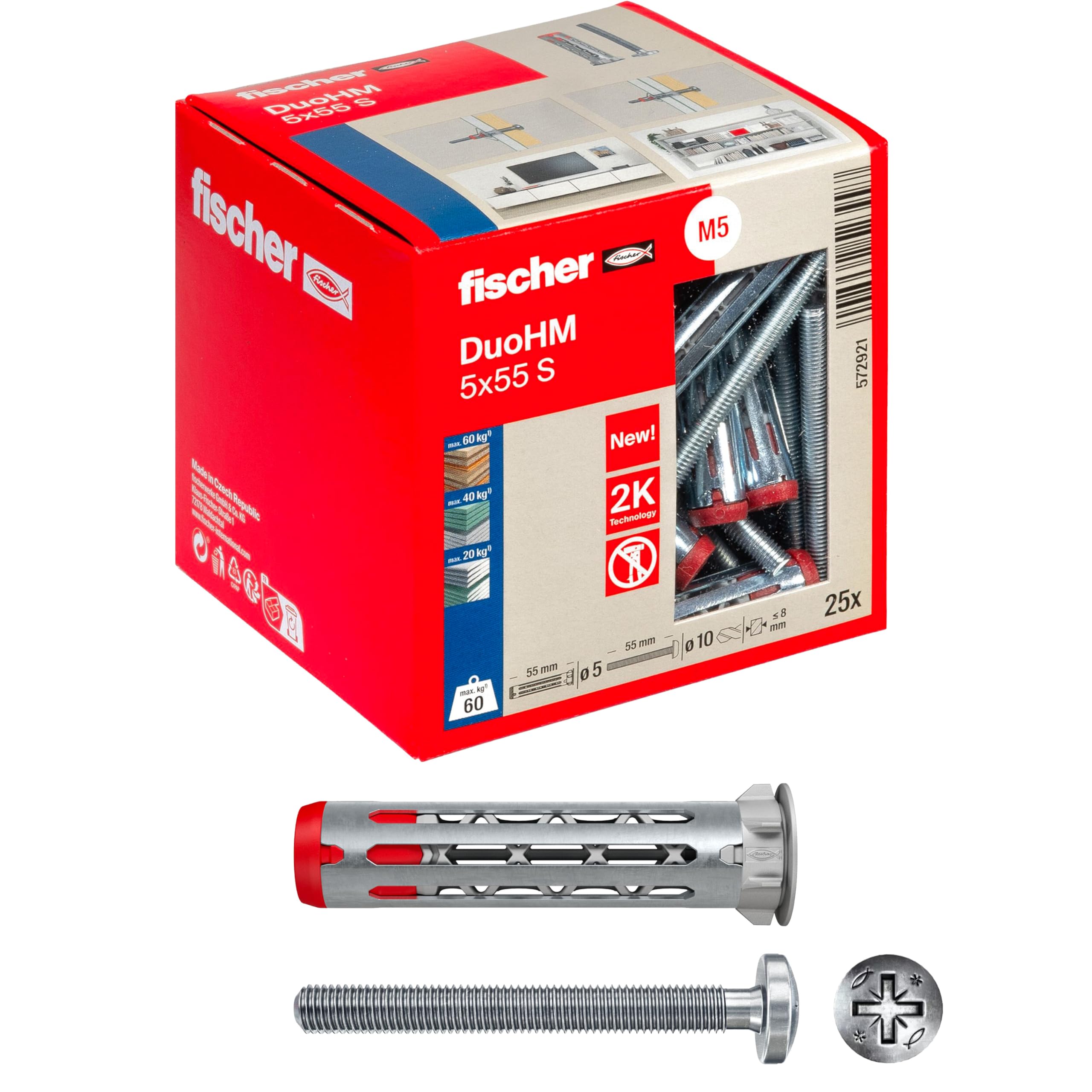 Fischer DuoHM 572921 Ø 10 mm with POZI Cross Screw M5 x 55 mm, 25 Wall Plugs for