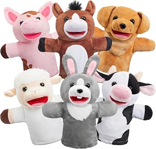JOYIN 6Pcs Kids Hand Puppet Set with Working Mouth, Toddler Animal Plush Toy Includes Pig, Sheep, Dairy Cow, Dog, Goat, and Horse for Show Theater, Birthday Gifts