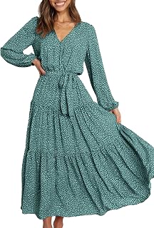 PRETTYGARDEN Women Long Sleeve V Neck Leopard Print Ruffle Tie Waist Maxi Dress Chiffon Bohemian Long Dress