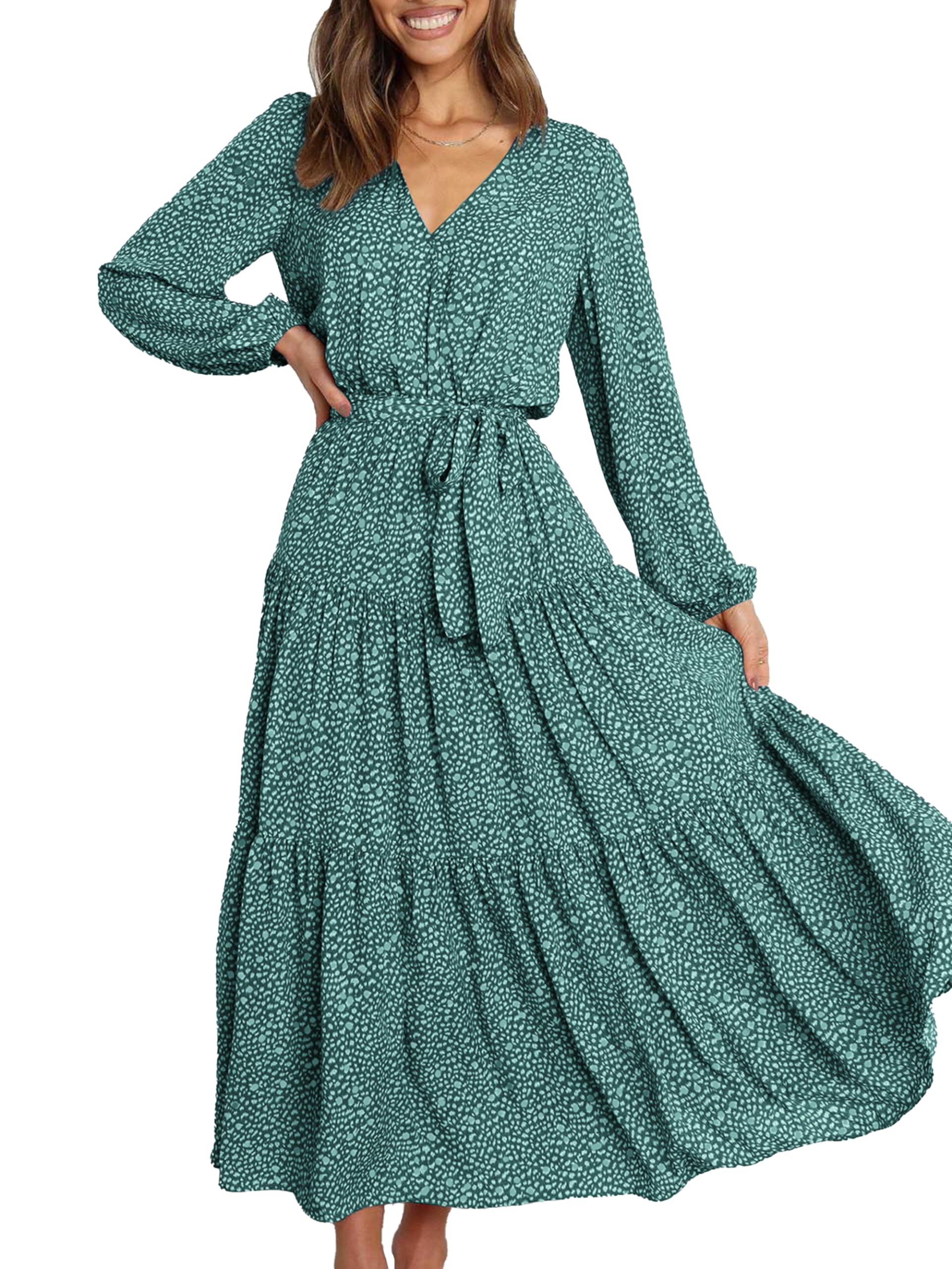 PRETTYGARDEN Women Long Sleeve V Neck Leopard Print Ruffle Tie Waist Maxi Dress 