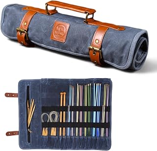 Earth &amp; Fiber Co. Waxed canvas knitting needle case (up to 16 inches) - knitting bag - knitting needle organizer- knitting needle storage - circular knitting needle case (blue)