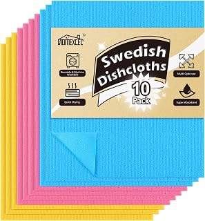 HOMEXCEL 10 Pack Swedish Dish Clothes, Reusable Sponge Cloth, for Kitchen, Counters & Washing Dishes, Highly Absorbent,3 Colors Assorted