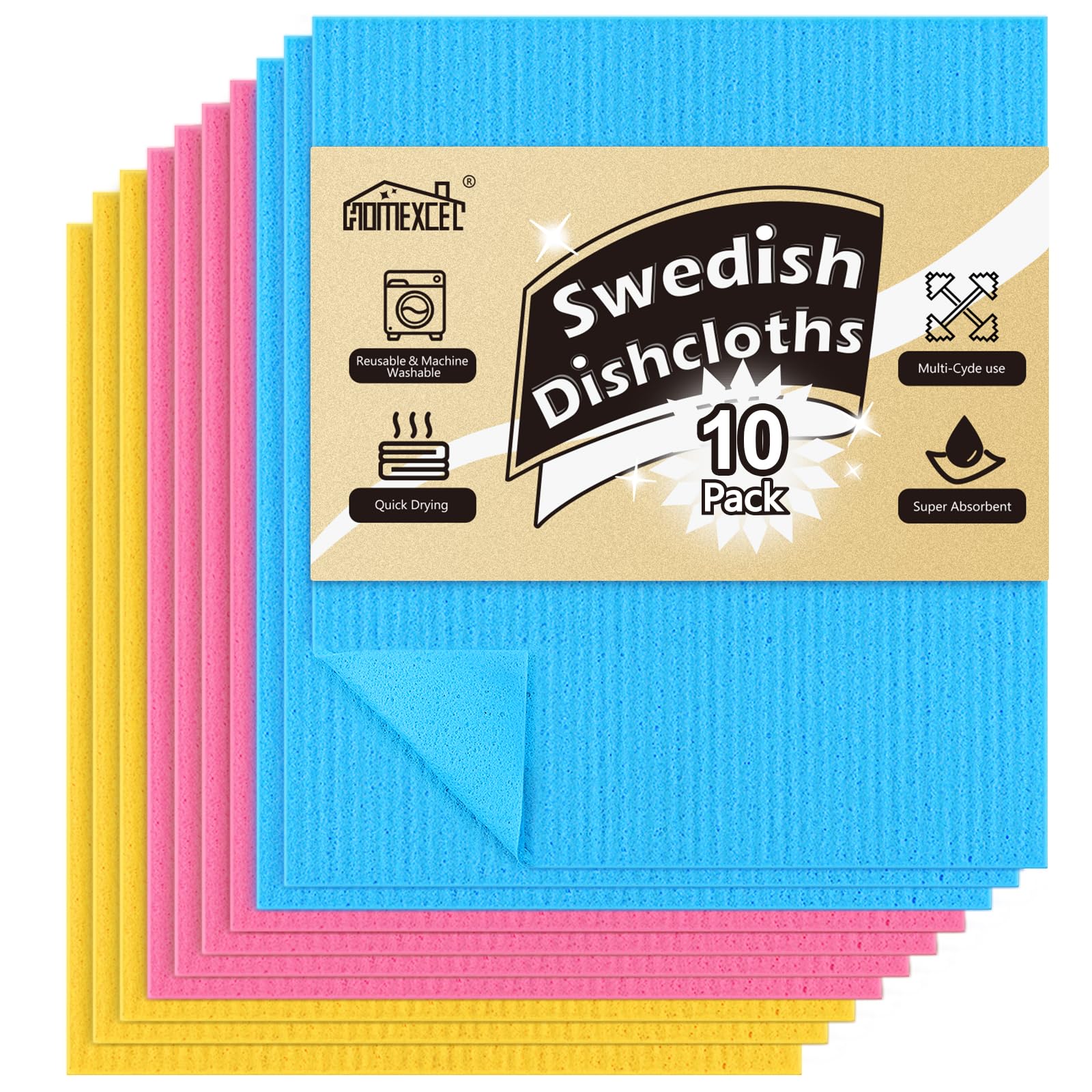 HOMEXCEL 10 Pack Swedish Dish Clothes, Reusable Sponge Cloth, for Kitchen, Count