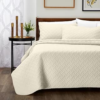 Cosy House Collection Luxury 3 Piece Bamboo Quilted Bedspread Set Ultra Soft - Classic Embroidery - Includes Quilt and 2 Pillow Shams King Size & Cal Cream