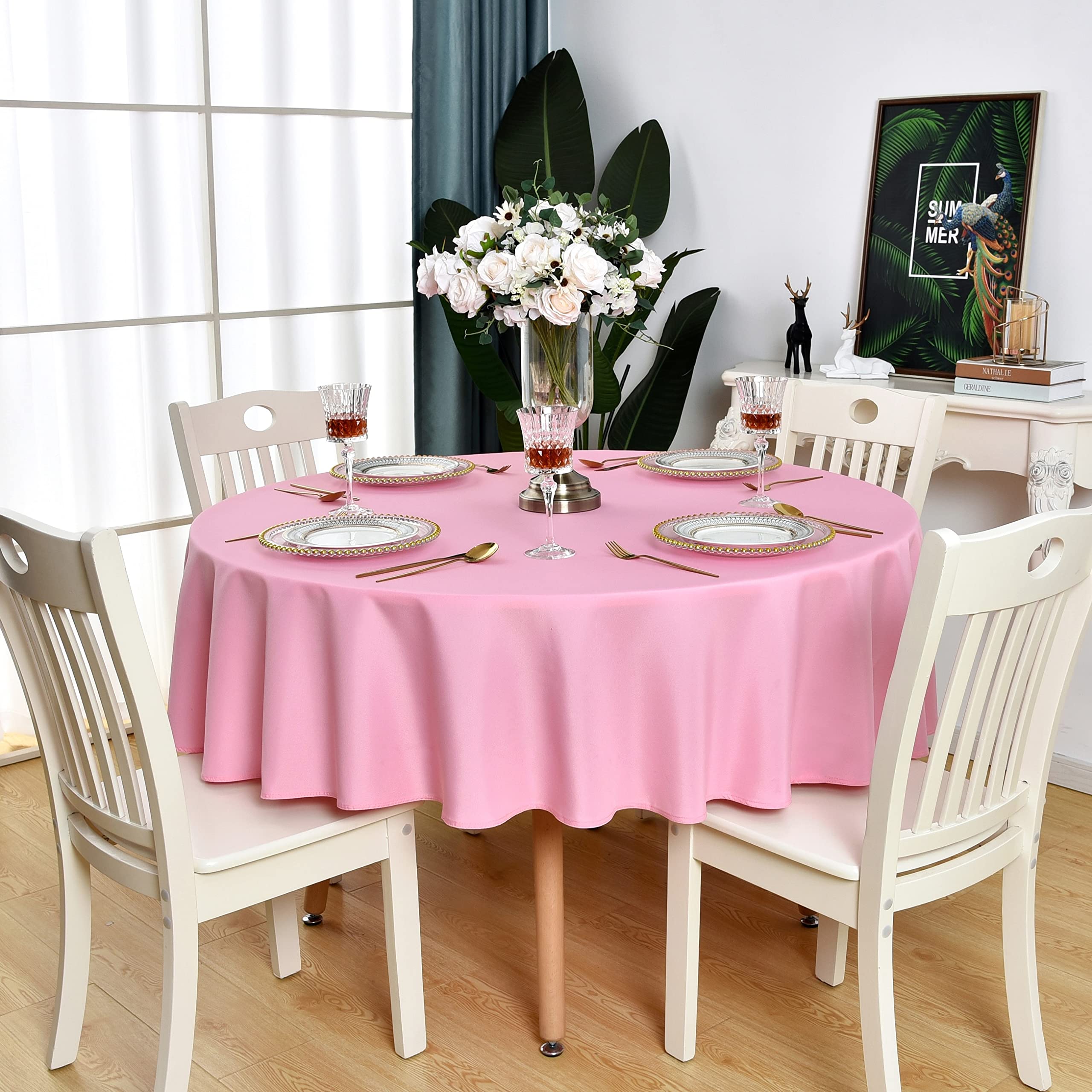 Pink Round Tablecloth Waterproof Wrinkle Free Table Cloth, 90 inch