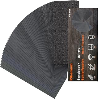 45 PCS Wet Dry Sandpaper 80-5000 Grit Sheets for Polishing & Finishing | 9 x 3.6 Inch Sand Paper Assortment Pack, Silicon Carbide Abrasive, Grit Marked Sheets, Wood, Metal & Automotive Polishing