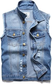 Denim Vest Men Lapel Sleeveless Slim Fit Retro Ripped Casual Jean Vest for Men's