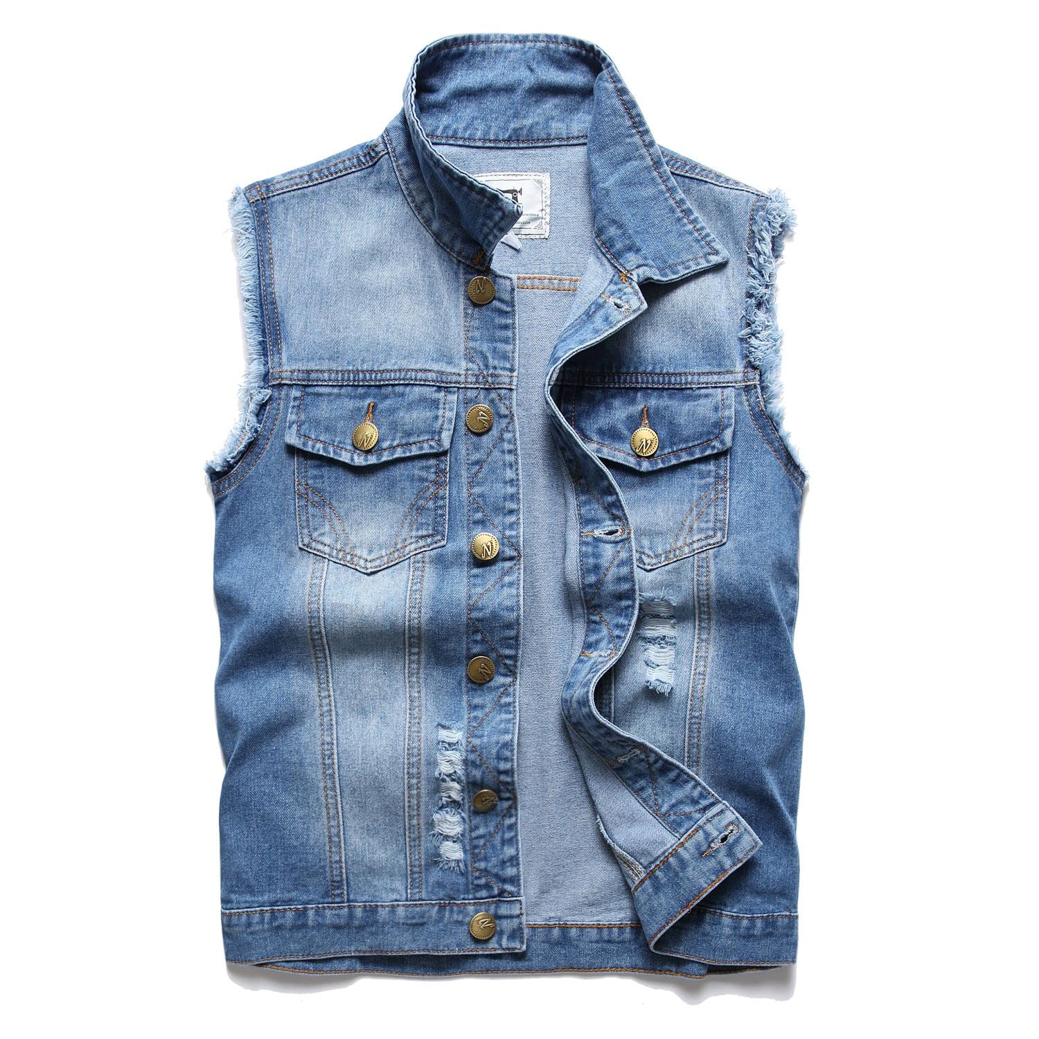 Denim Vest Men Lapel Sleeveless Slim Fit Retro Ripped Casual Jean Vest for Men's