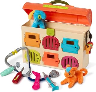 B. toys Critter Clinic Vet Set, Portable Lock and Key Pet Care Toy | Portable animal hospital with 6 rooms, 6 matching keys, 5 tools, 2 plush pets, and built-in storage for pretend, 2+ Years