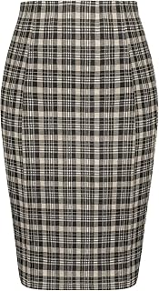 Kate Kasin Women's Elastic Waist Stretch Knee Length Plaid Bodycon Pencil Skirt
