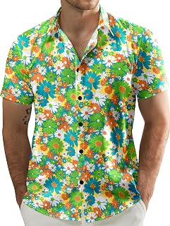 JOGAL Men's Casual Shirt Rainbow Stripe Summer Shirt Short Sleeve Button Down Shirt