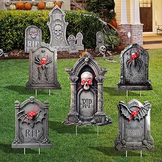 5Pcs Halloween Tombstone Yard Decorations,Gravestone Sign with Red LED Eyes | Waterproof Halloween Decorations Outdoor,Halloween Garden Tombstones Decorations for Outside Lawn Haunted House
