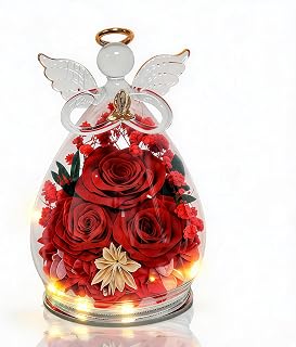 Gifts for Women Preserved Rose Forever Flower in Glass Angel with Warm LED Lights, Christmas Day Birthday for Mom Grandma Wife from Daughter, Home Decor Angel Figurine, Red