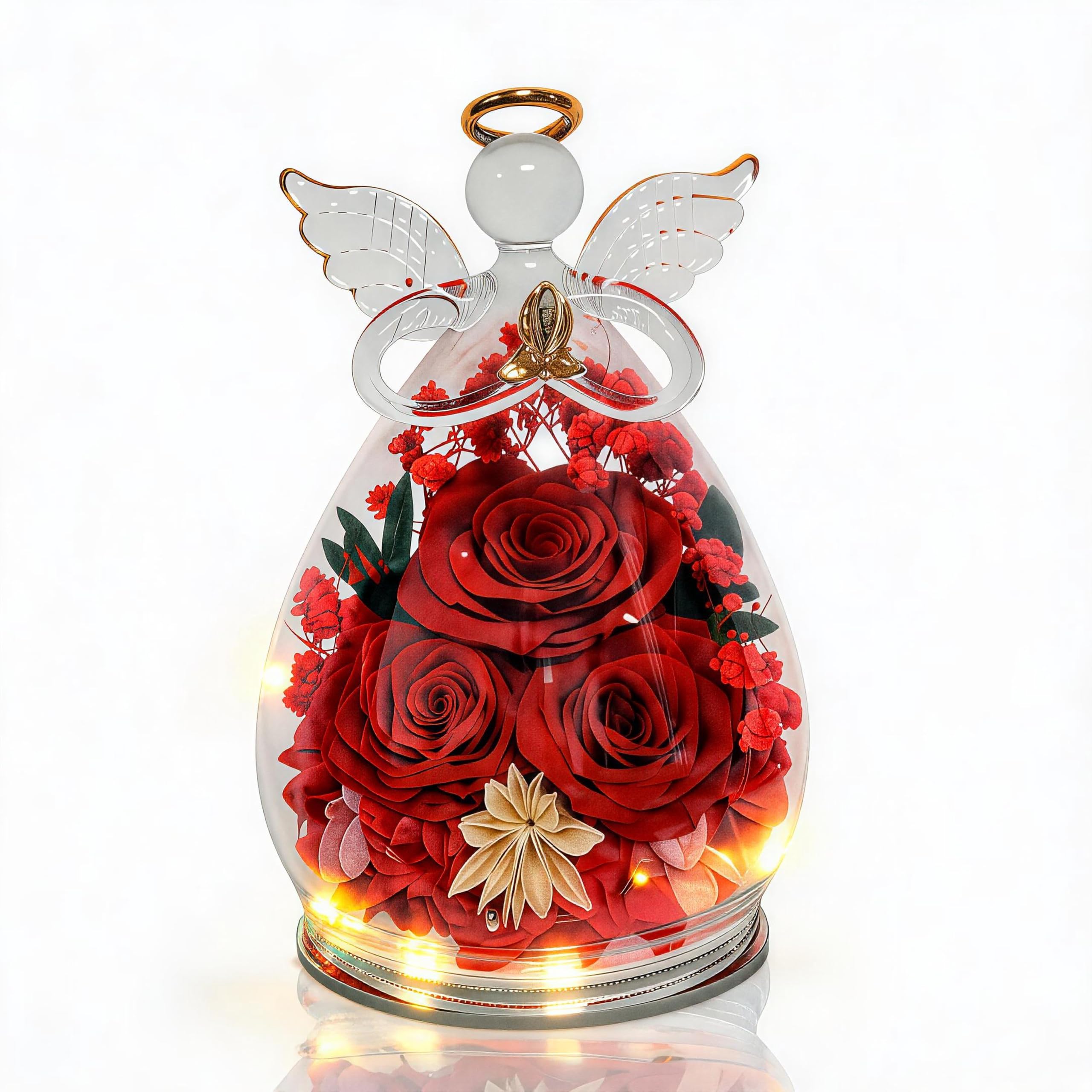 Gifts for Women Preserved Rose Forever Flower in Glass Angel with Warm LED Light