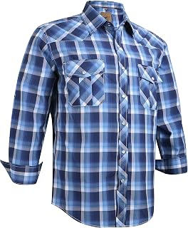 Coevals Club Men's Western Cowboy Pearl Snap Work Plaid Solid Long Sleeve Two Pocket Casual Button Up Shirts