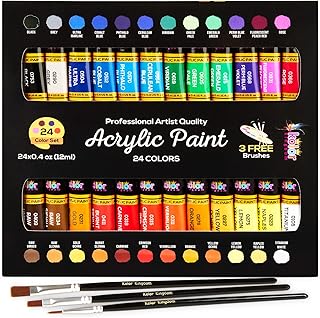 KOLOR KINGDOM Acrylic Paint Set 24 Colours Canvas Paints Kit with 3 Paint Brushes for Crafts,Kids Paints, Paper, Rock Painting, Wood,Ceramic & Fabric Vibrant Colors (24 X 12ML)