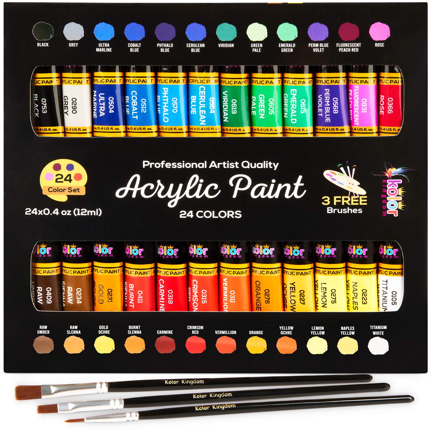 KOLOR KINGDOM Acrylic Paint Set 24 Colours Canvas Paints Kit with 3 Paint Brushe