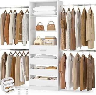 Aheaplus Closet System, 4-9Ft Closet Organizer with 4 Wooden Drawers, White | Wood Closet Organizer System with Tower, Walk-in Closet Organizer Wardrobe Clothes Rack with 4 Hanging Rods, Garment Rack