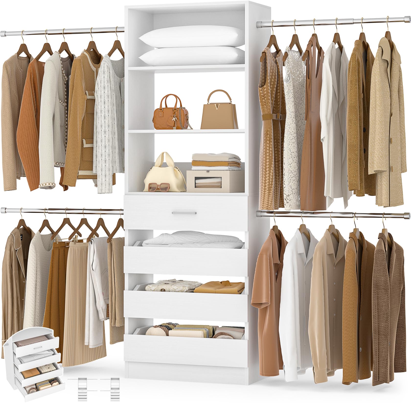 Aheaplus Closet System, 4-9Ft Closet Organizer with 4 Wooden Drawers, White | Wo