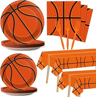 98 Pieces Basketball Party Decorations Basketball Tableware Set Plates Napkins Tablecloth Party Supplies Kit for Kids Boys Sports Table Cover Dinnerware Party Favors 24 Guests