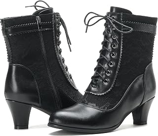 ErikenUrben Victorian Lace Up Ankle Boots for Women Black Vintage Mid Heel Booties with Side Zipper
