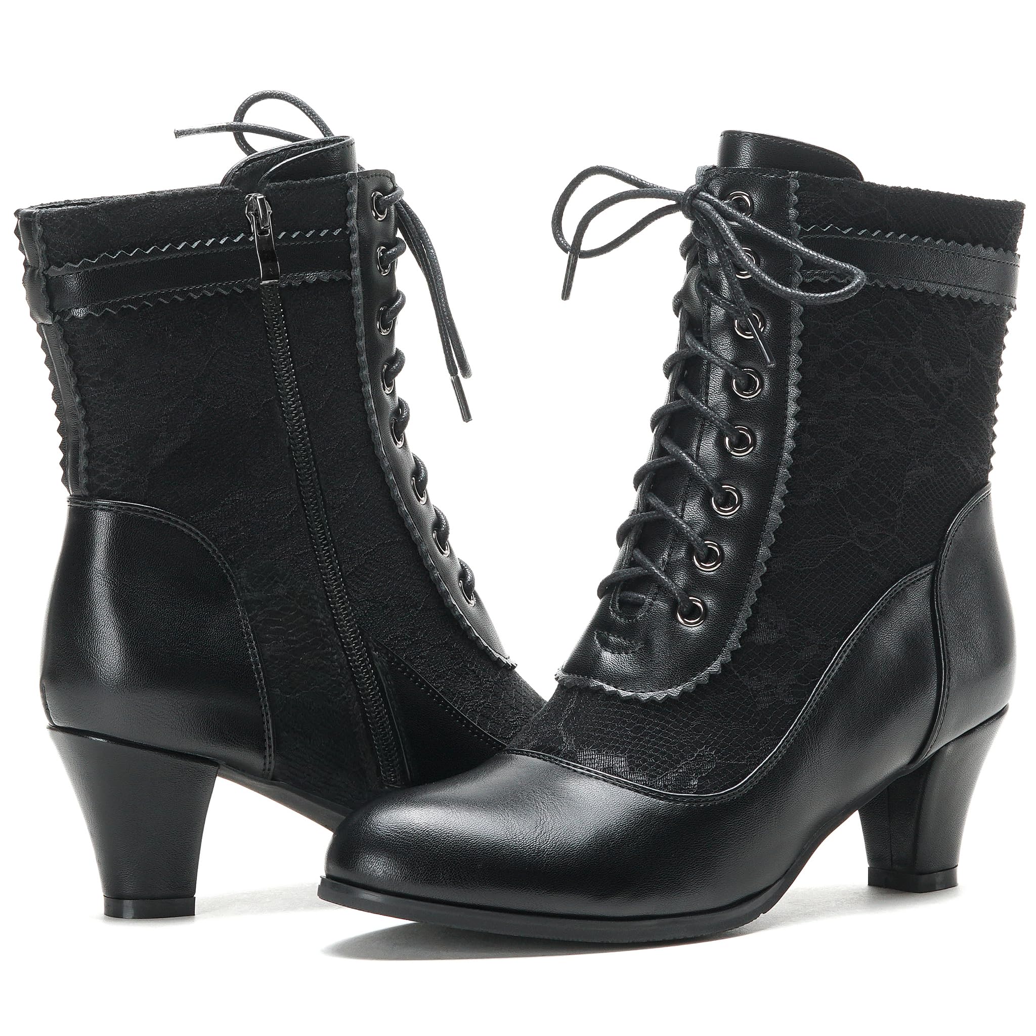 ErikenUrben Victorian Lace Up Ankle Boots for Women Black Vintage Mid Heel Booti