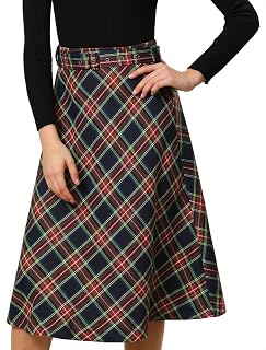 Allegra K Women Vintage Plaid Tartan High Waist Belted A-Line Midi Skirt