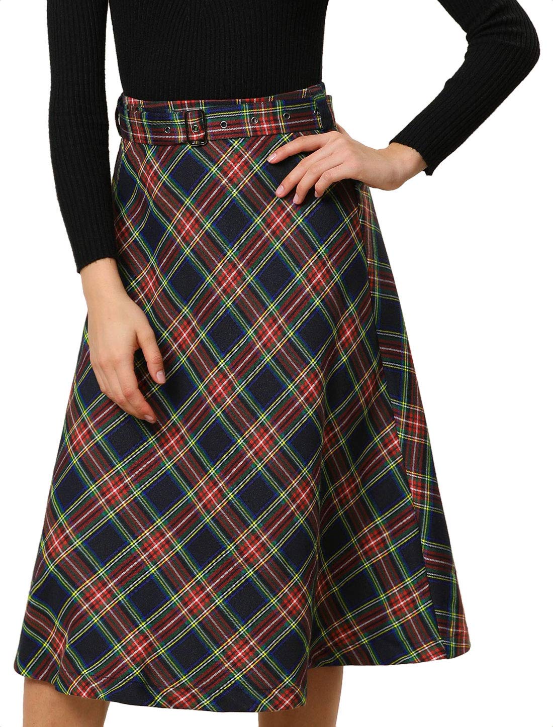 Allegra K Women Vintage Plaid Tartan High Waist Belted A-Line Midi Skirt