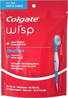 Colgate MaxFresh Wisp Disposable Mini Toothbrush, Built-in Freshening Bead, Peppermint Flavor for Instant Fresh Breath, No Water Required, Perfect for Travel and Braces, 24 Count