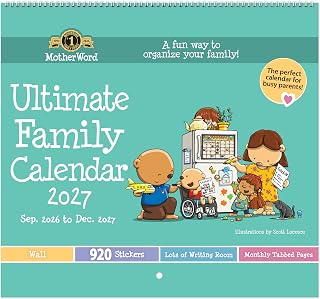 2027 MotherWord Ultimate Family Wall Calendar, English (DDTF112827) | 12" x 21.5", 16-Month Planner, Sept 2026-Dec 2027, Tabbed Version, Centre Hole for Hanging