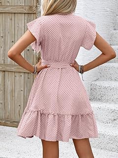 Elegant Polka Dot A-Line Dress for Women, Short Sleeve Dress, Ruffle Hem, Belt, Retro Summer Dress with Tie Waist