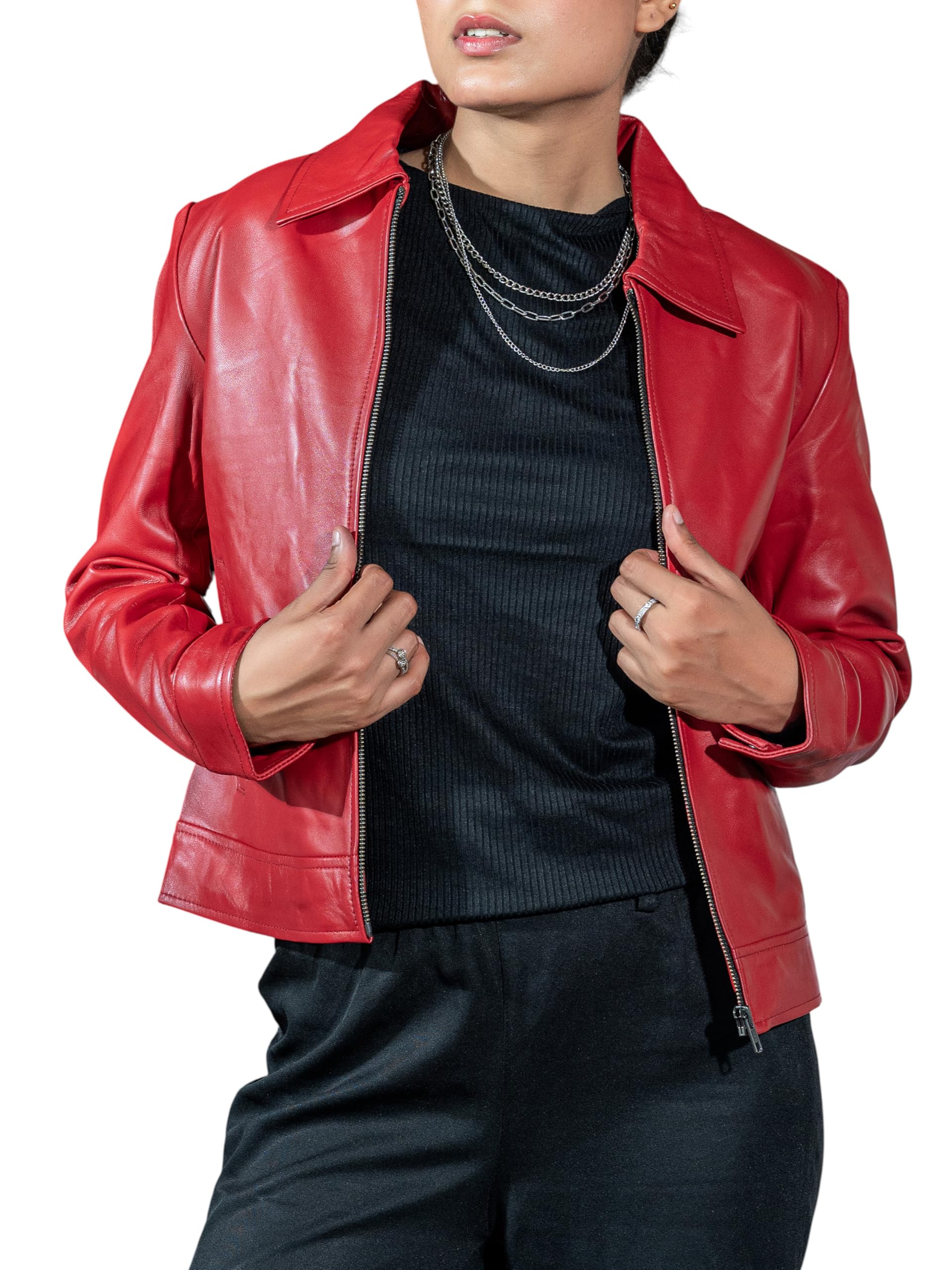 Jild Polo Collar Womens Leather Jacket - Old School Classic Everyday Wear Premiu