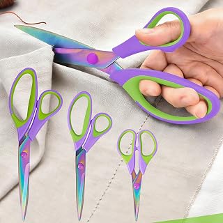 Scissors Set of 3, Multipurpose Scissors with Soft Grip, Sharp Blades, Great for Office, Craft and Family Use, Purple Green