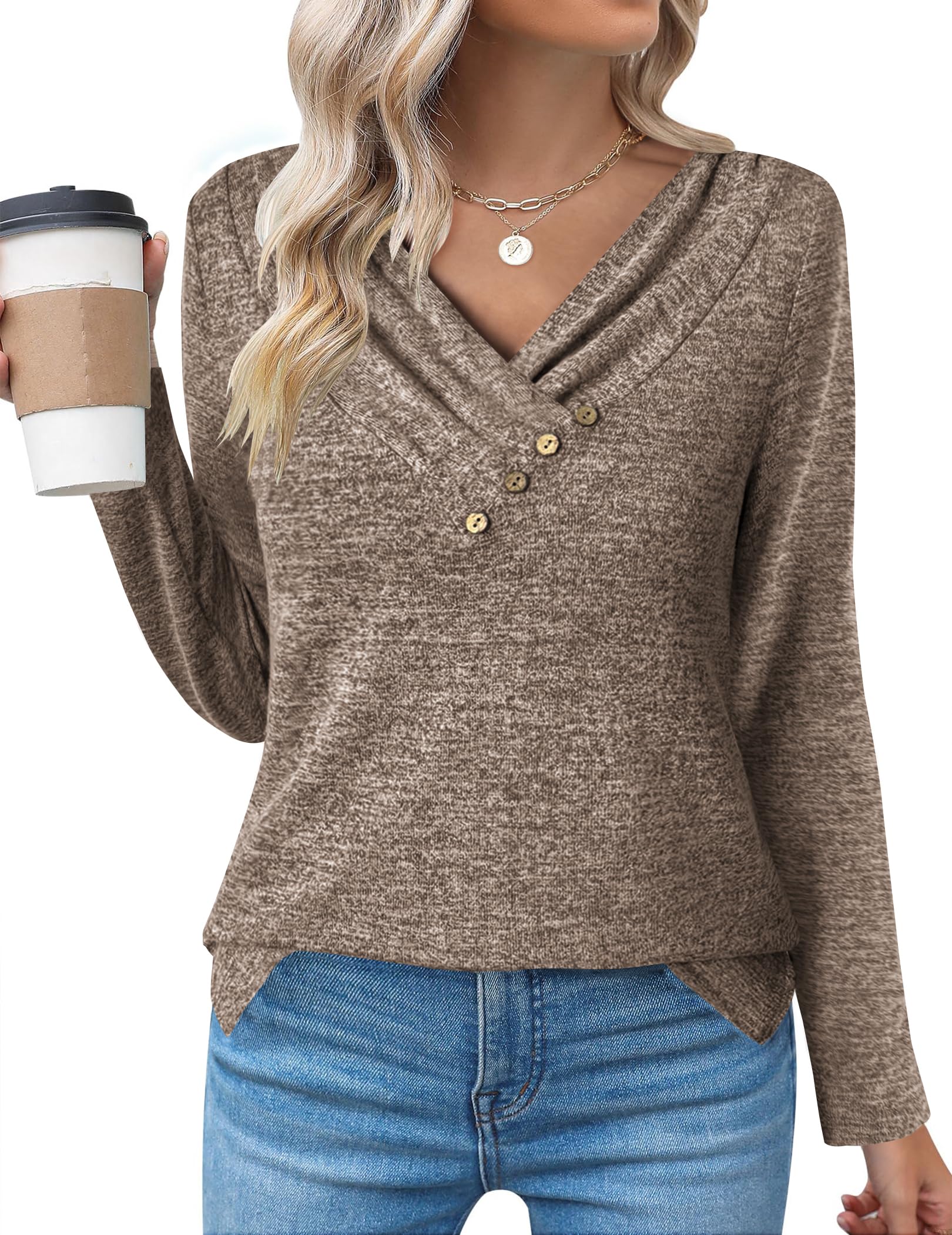 Zeagoo Women's Long Sleeve Sweater V-Neck Buttons T-Shirt Autumn Winter Pullover
