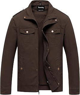 Pursky Men's Military Jacket Casual Washed Cotton Hooded Canvas Coat Fall Coat
