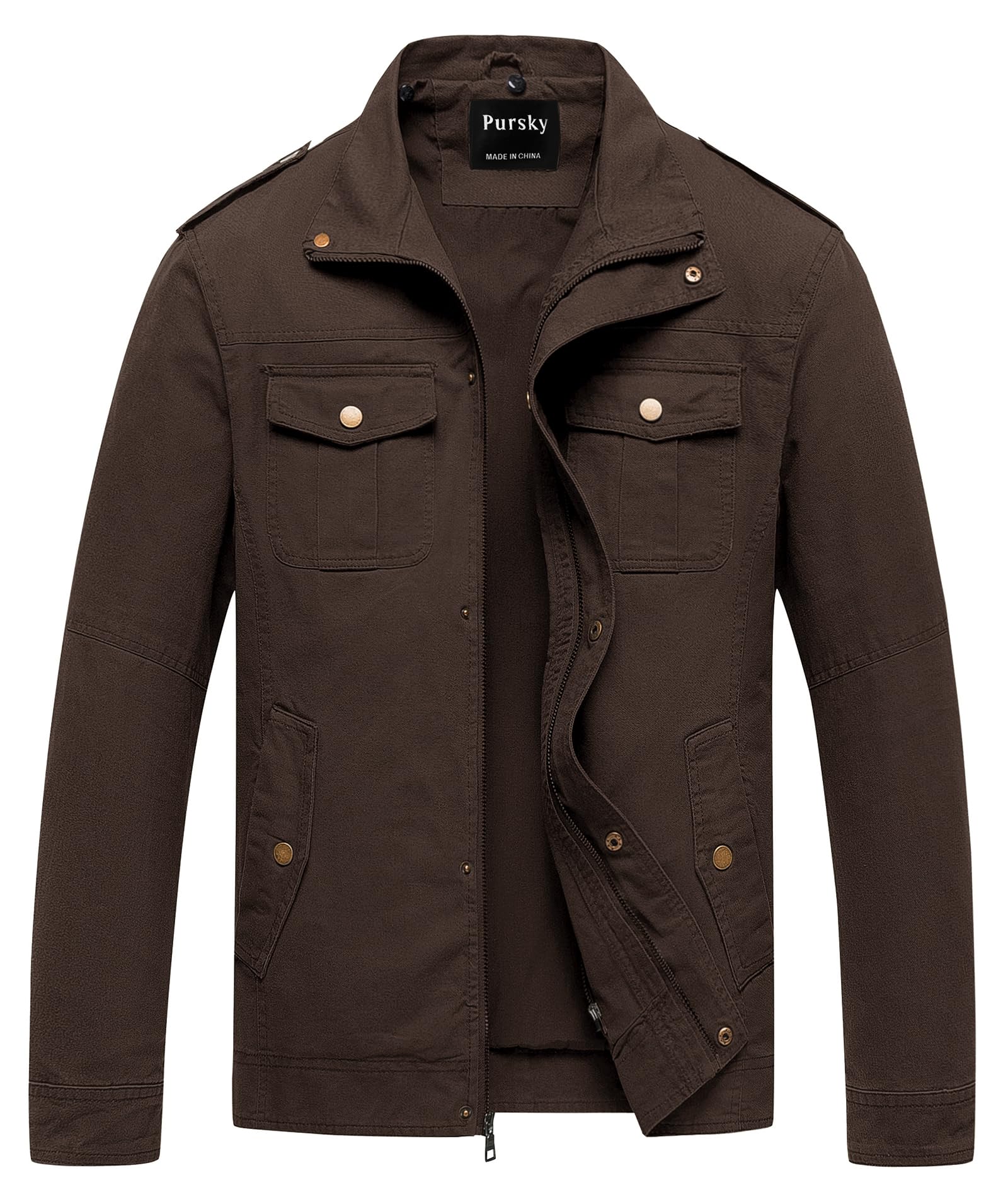 Pursky Men's Military Jacket Casual Washed Cotton Hooded Canvas Coat Fall Coat