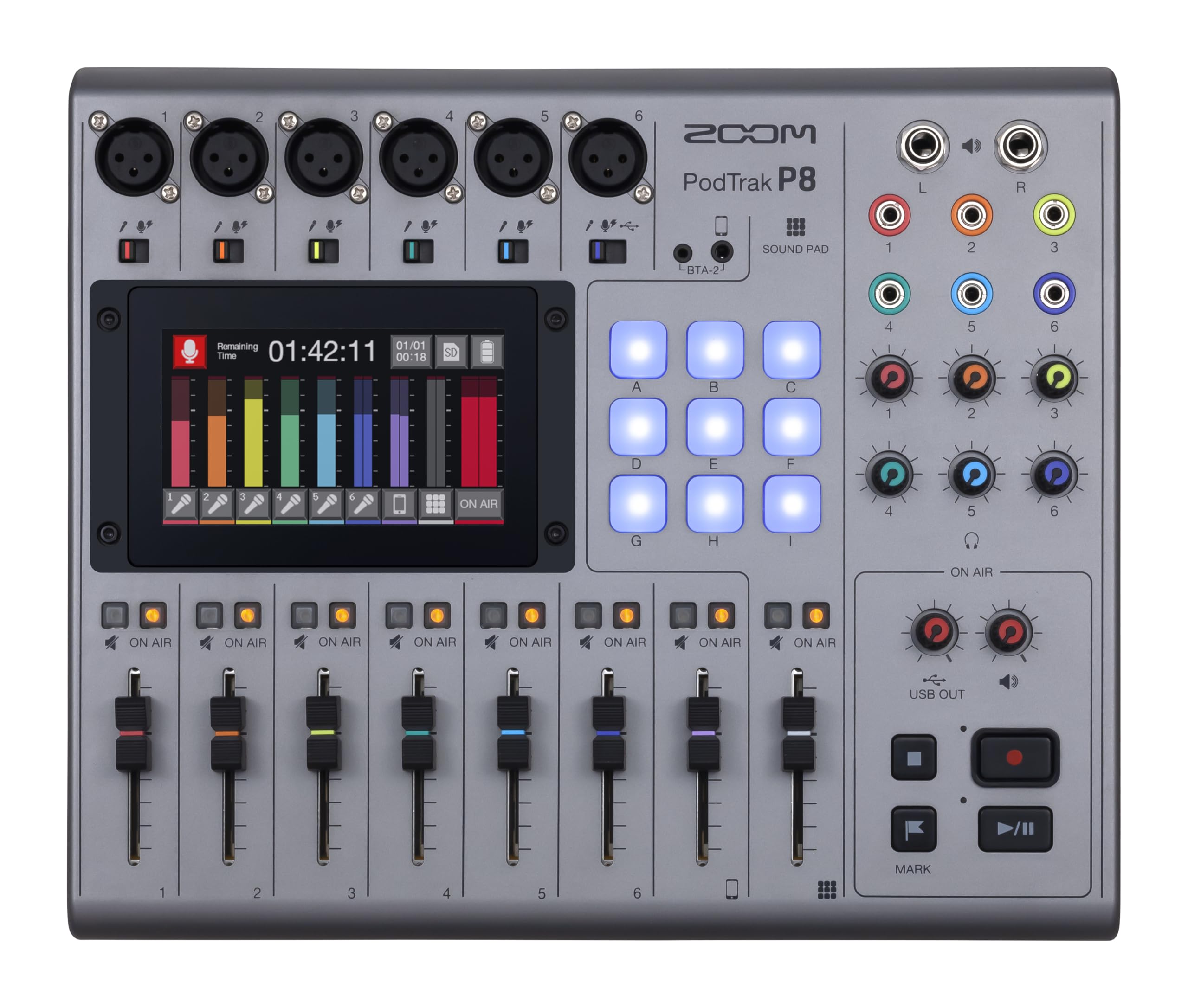 Zoom PodTrak P8 Podcast Recorder with 6 XLR Inputs & Sound Pads | 6 Headphone Ou