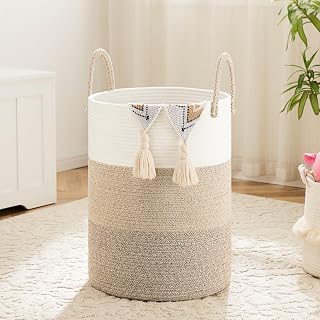Artfeel 80L Woven Cotton Rope Laundry Basket for Decorative Storage of Dirty Clothes, Toys and Blankets in Bathroom, Bedroom and Living Room