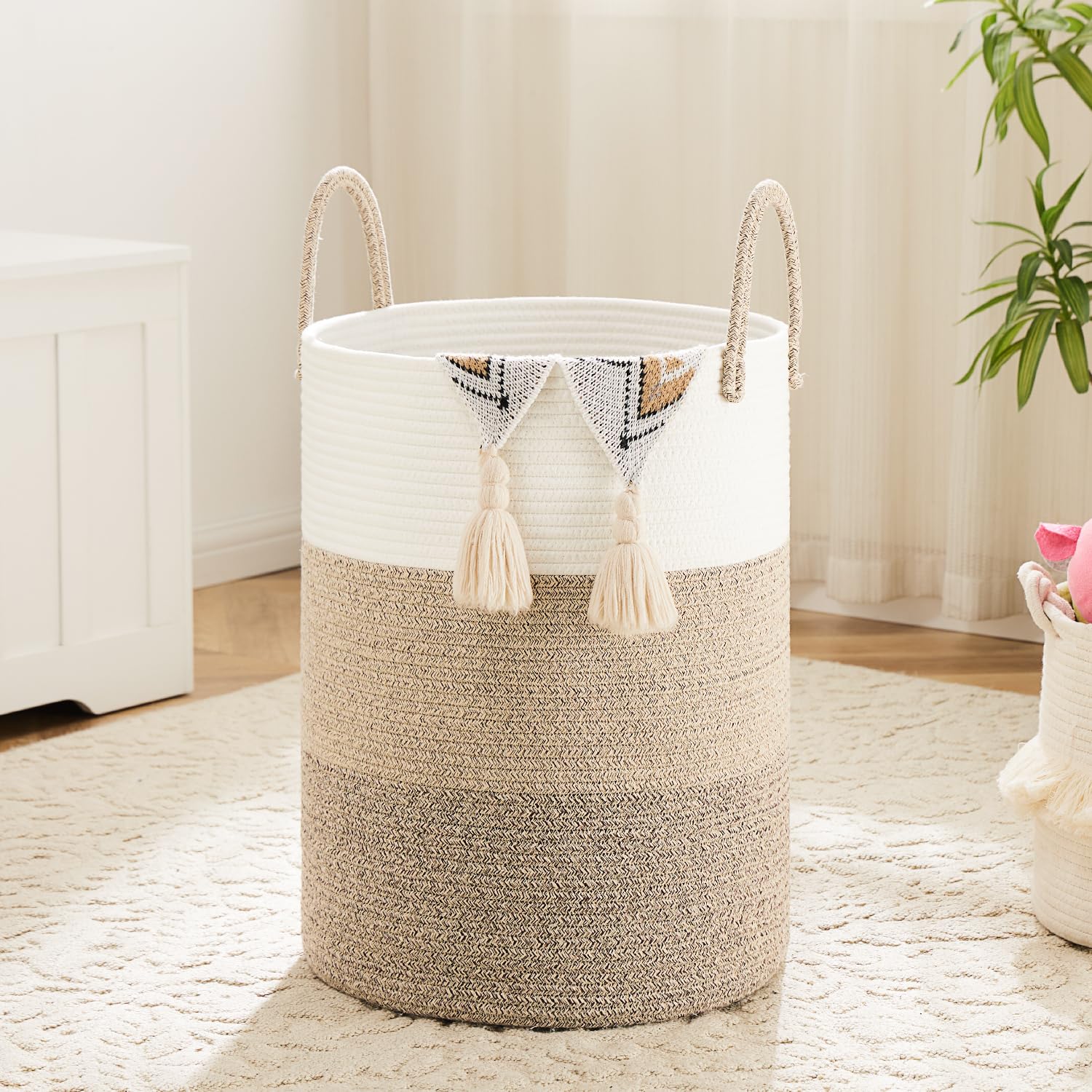 Artfeel 80L Woven Cotton Rope Laundry Basket for Decorative Storage of Dirty Clo