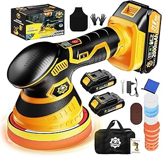Niusken Cordless Car Buffer Polisher kit, DA Polisher with 2*21V Batteries | 2x 21V 2000mAh Batteries, 6-speed, LED Display, Random Orbital, 18 pcs Assorted Polishing Pads for Car Detailing-Yellow