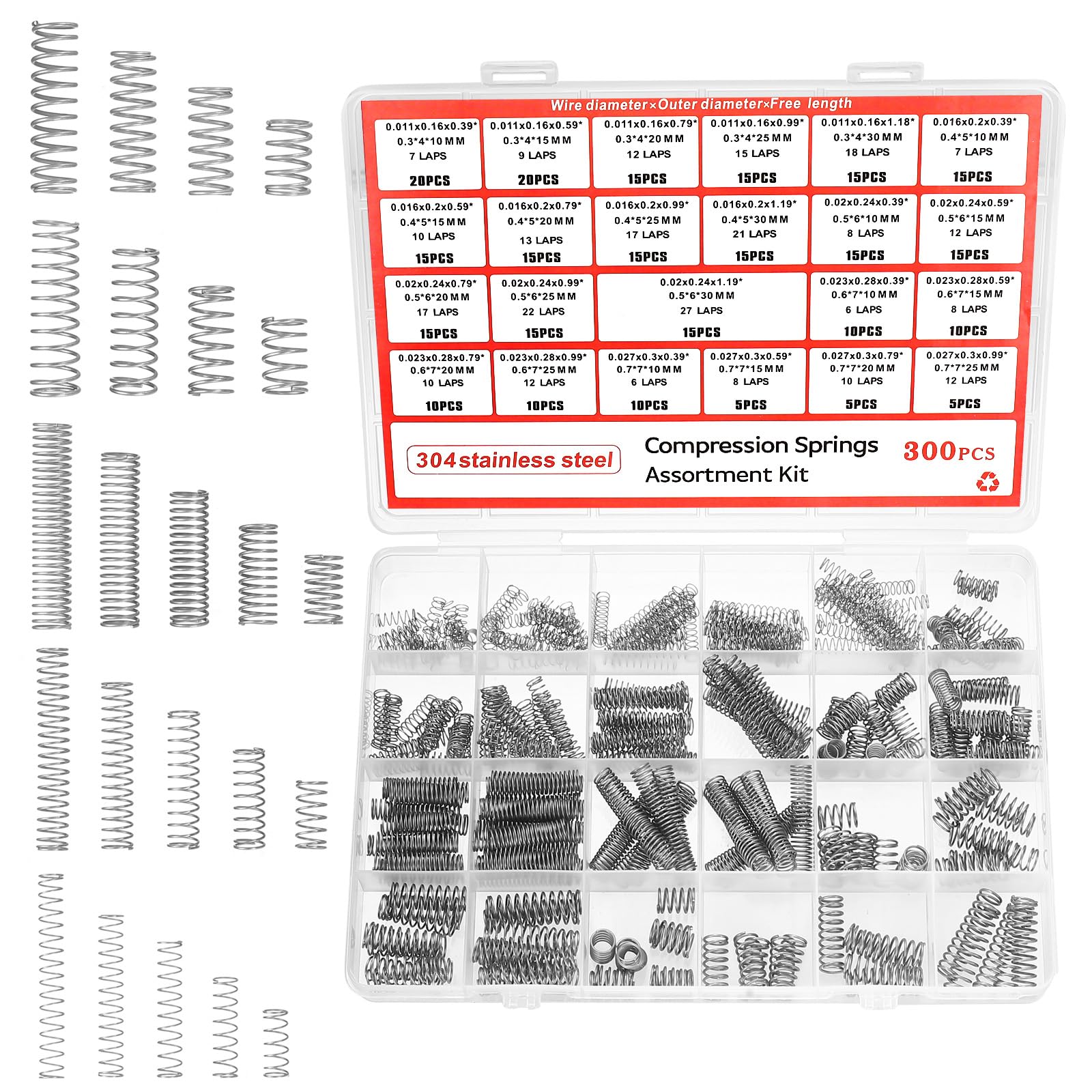 300 Pcs Small Springs Assorted Compression Springs Assortment Kit, 304 Stainless