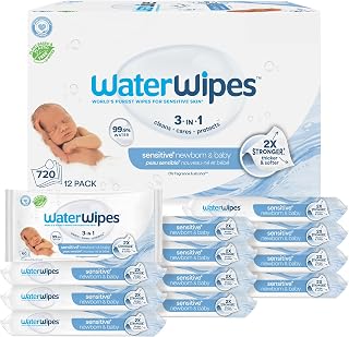WaterWipes Sensitive+ Newborn &amp; Baby Wipes, 3-In-1 Cleans, Cares, Protects, 99.9% Water, Unscented &amp; Hypoallergenic, 720 Count (12 Packs)