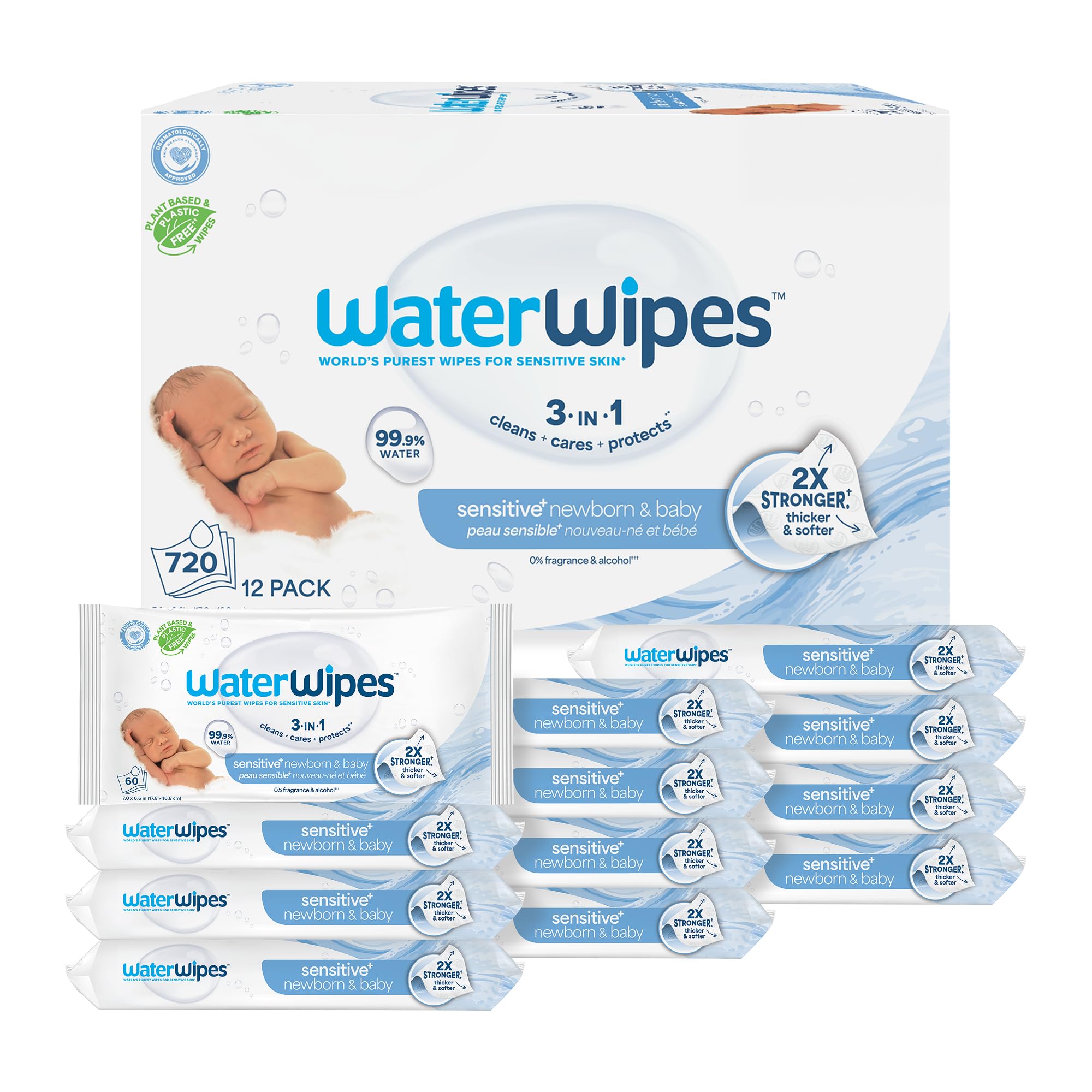 WaterWipes Sensitive+ Newborn &amp; Baby Wipes, 3-In-1 Cleans, Cares, Protects, 