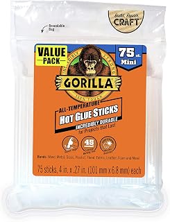 Gorilla Hot Glue Sticks, Clear, Mini Size, 75 Count, 4" Long x 0.27" | Extended Working Time, Safe for All Temperatures, Impact Tough Bond, Ideal for Wood, Plastic, and Metal