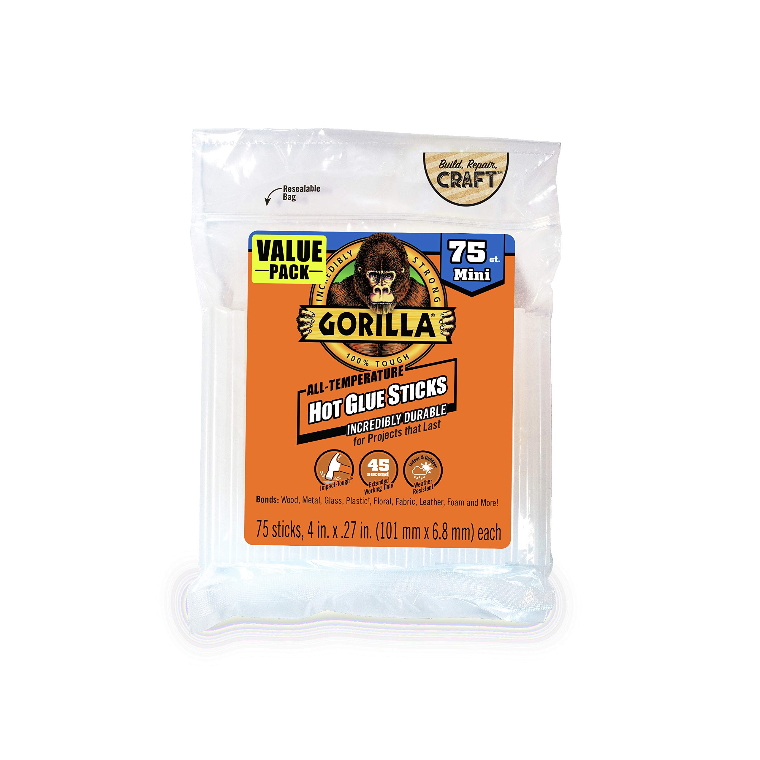 Gorilla Hot Glue Sticks, Clear, Mini Size, 75 Count, 4" Long x 0.27" | Extended 