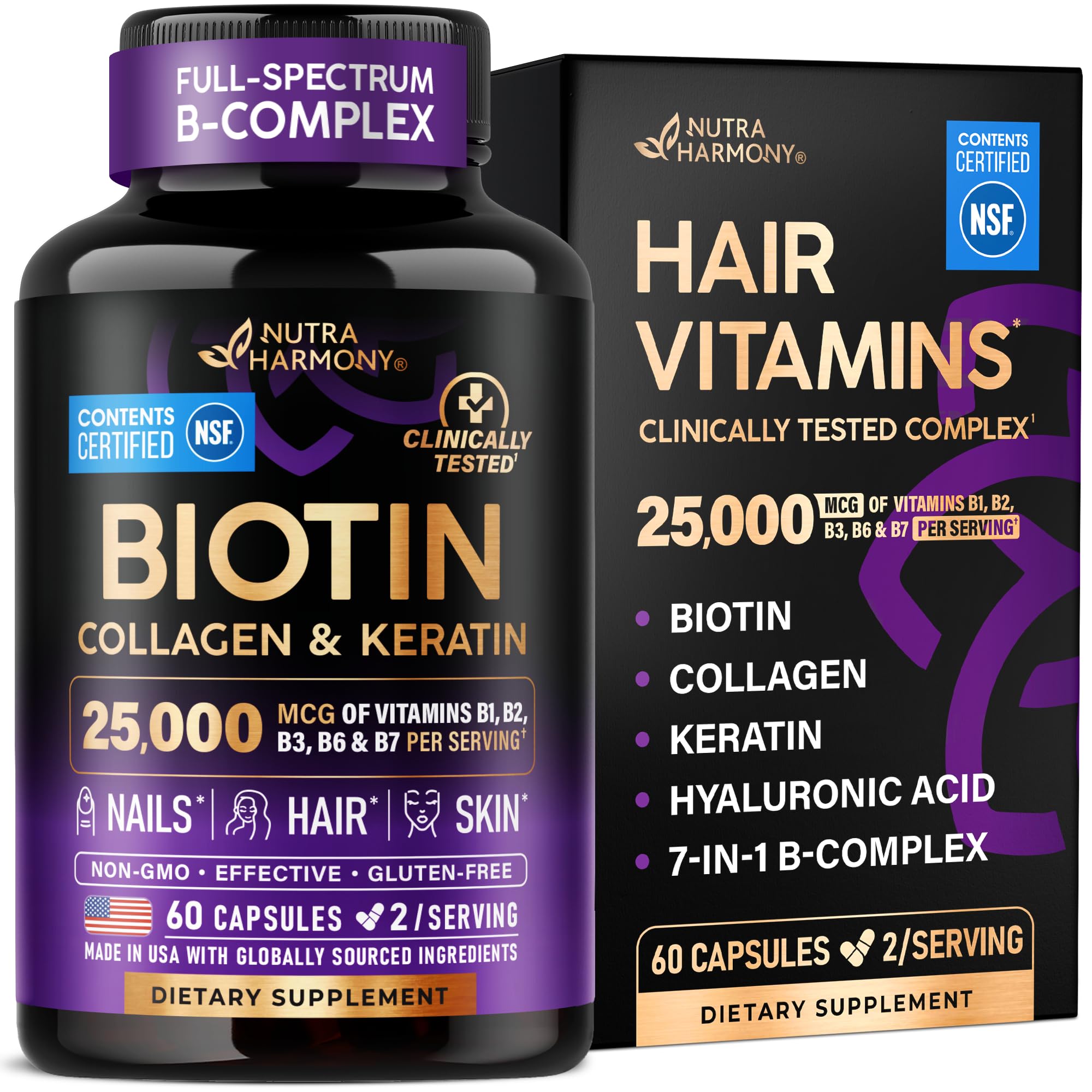 Biotin, Collagen & Keratin + Full B-Complex - Hair Growth Support - 60 Caps