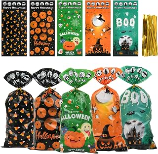 SENTAIMAO Halloween Treat Bags 100 Pack Halloween Cellophane Treat Bags Cellophane Goodie Candy Bag for Kids Plastic Goody Snack Bags Party Supplies Halloweens Party Favor Supplies