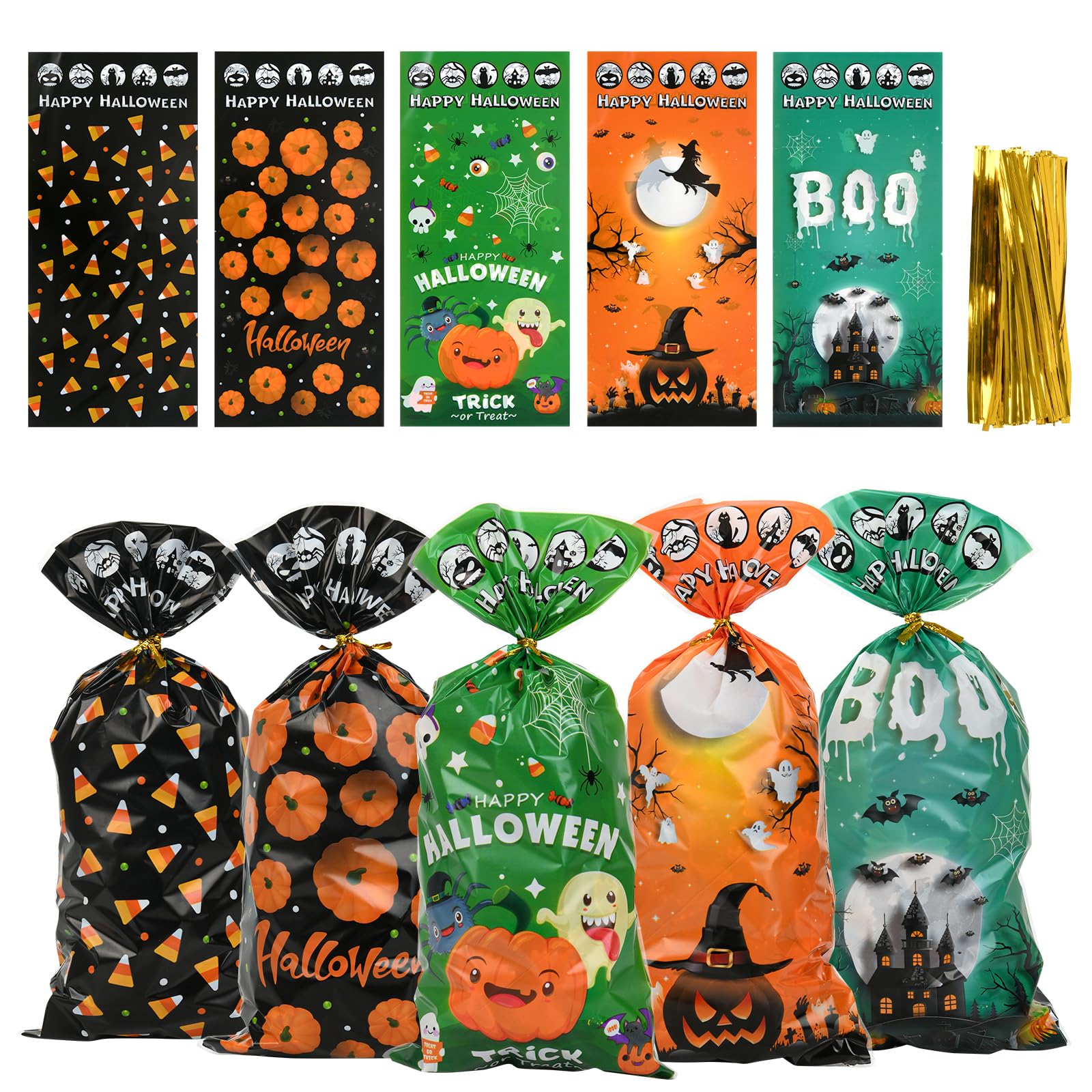 SENTAIMAO Halloween Treat Bags 100 Pack Halloween Cellophane Treat Bags Cellopha