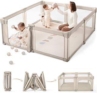 Sweeby Baby Playpen, 59x59 Inch Gate Foldable for Babies and Toddlers, Extra Large with Door Play Yard for Fence Indoor and Outdoor, Light Khaki